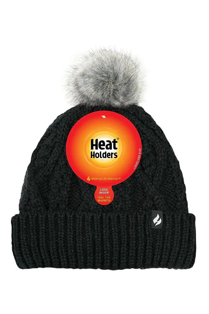 Heat Holders Women'S Cable-Knit Pom-Pom Roll-Up Beanie 1
