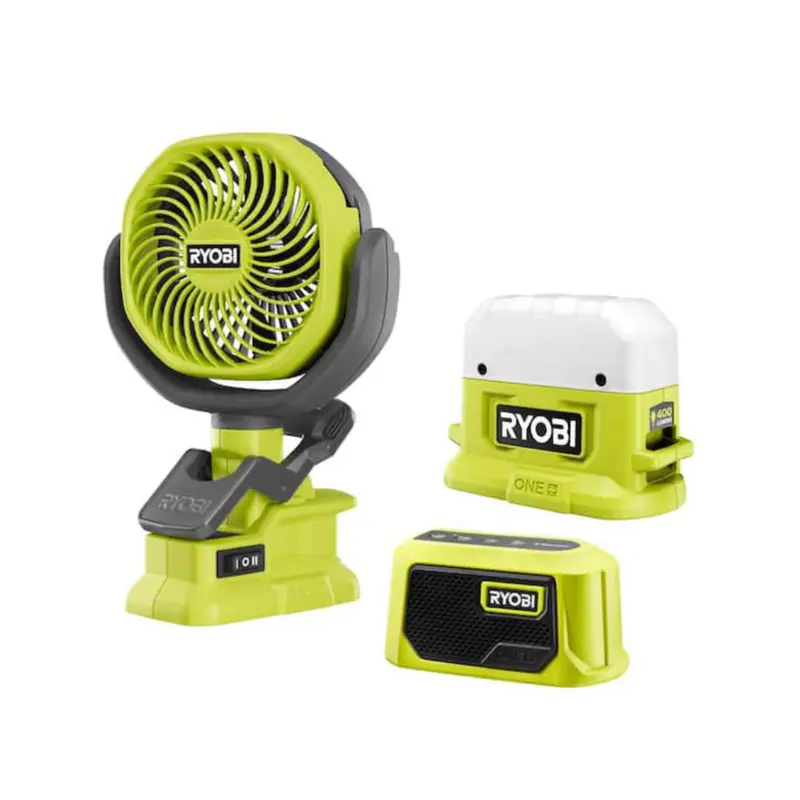 Ryobi One+ 18V 3-Tool Camper Bundle – Area Light, Bluetooth Speaker & 4" Clamp Fan (Tools Only) 1